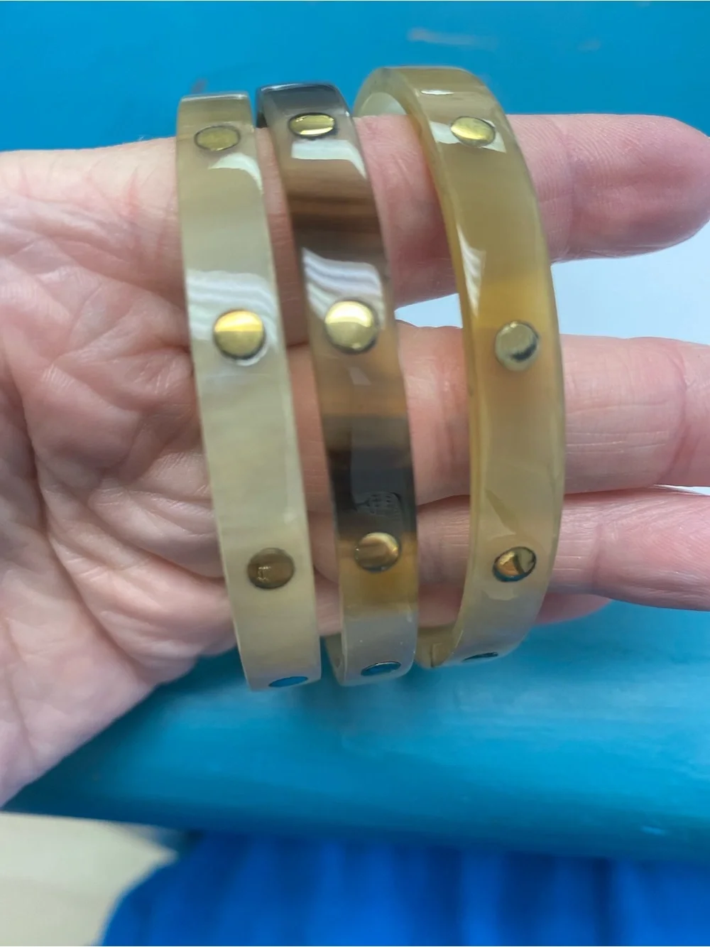 Vintage Neutral Tortoiseshell Resin Bangle Bracelet Set with Gold Studs